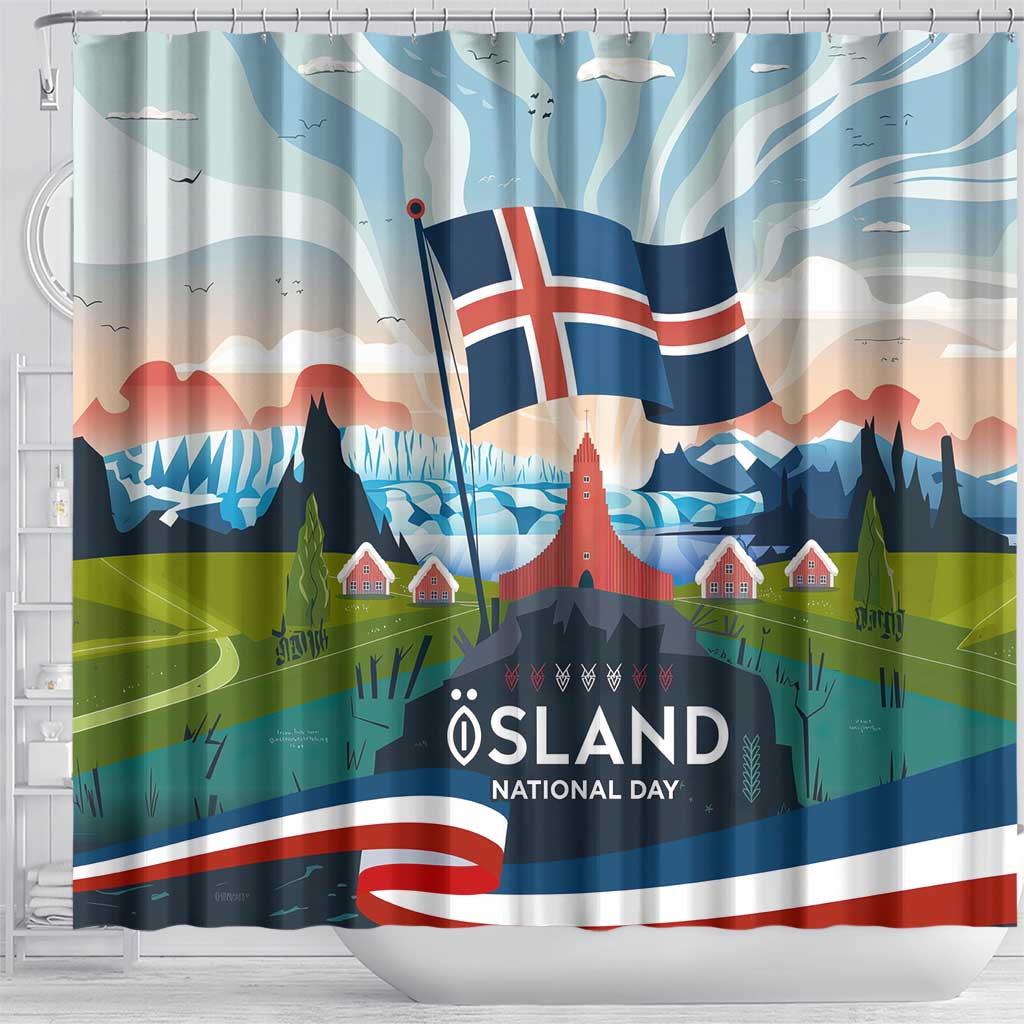 Iceland National Day Shower Curtain with Icelandic Flag Crest and Scenic Landscape Design