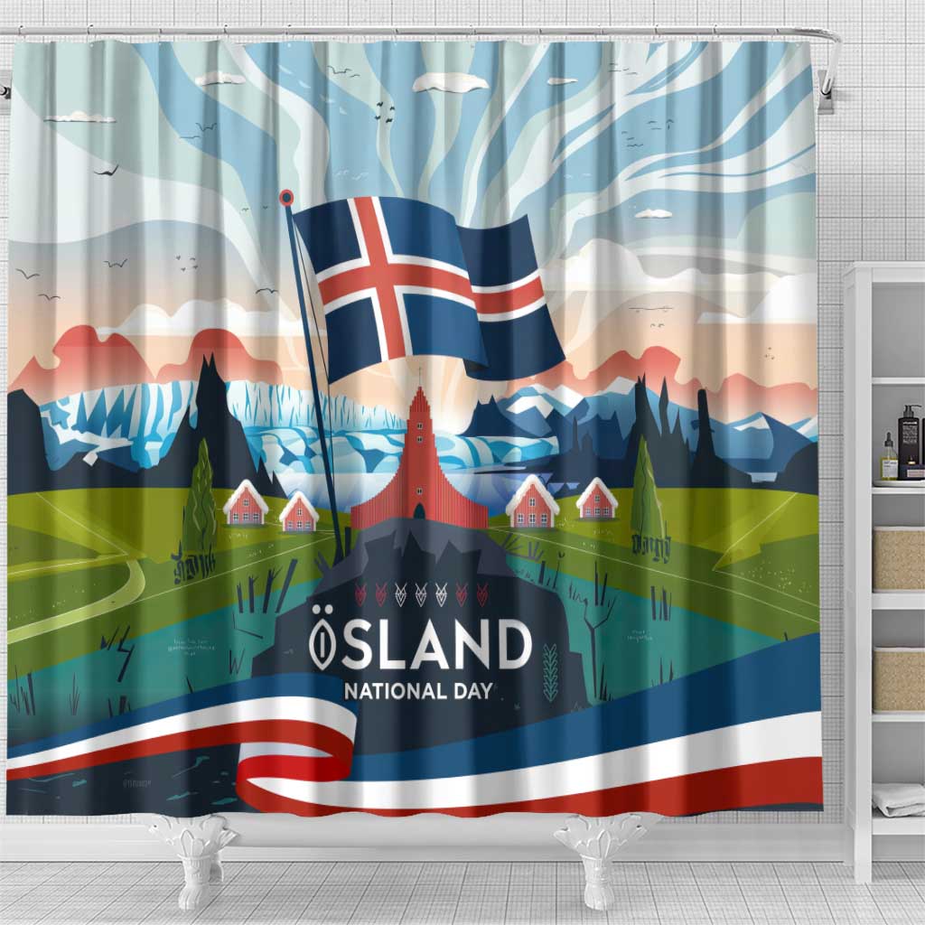 Iceland National Day Shower Curtain with Icelandic Flag Crest and Scenic Landscape Design