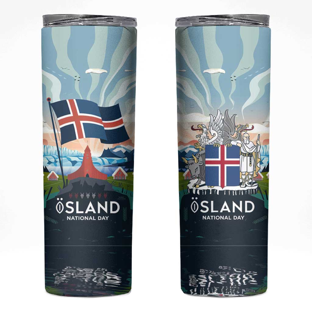 Iceland National Day Skinny Tumbler with Icelandic Flag Crest and Scenic Landscape Design