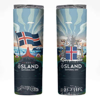Iceland National Day Skinny Tumbler with Icelandic Flag Crest and Scenic Landscape Design