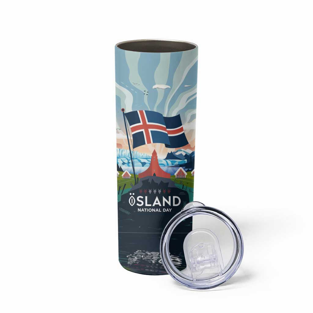 Iceland National Day Skinny Tumbler with Icelandic Flag Crest and Scenic Landscape Design