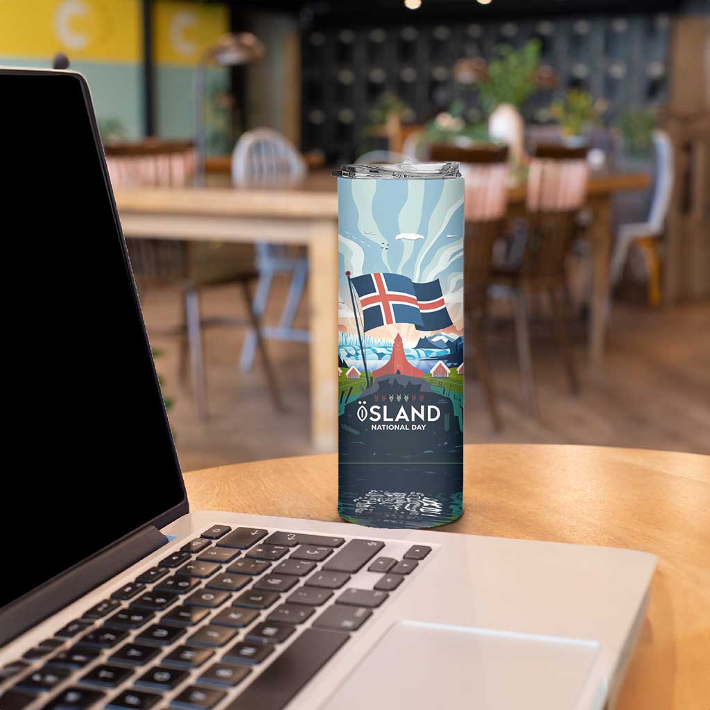 Iceland National Day Skinny Tumbler with Icelandic Flag Crest and Scenic Landscape Design