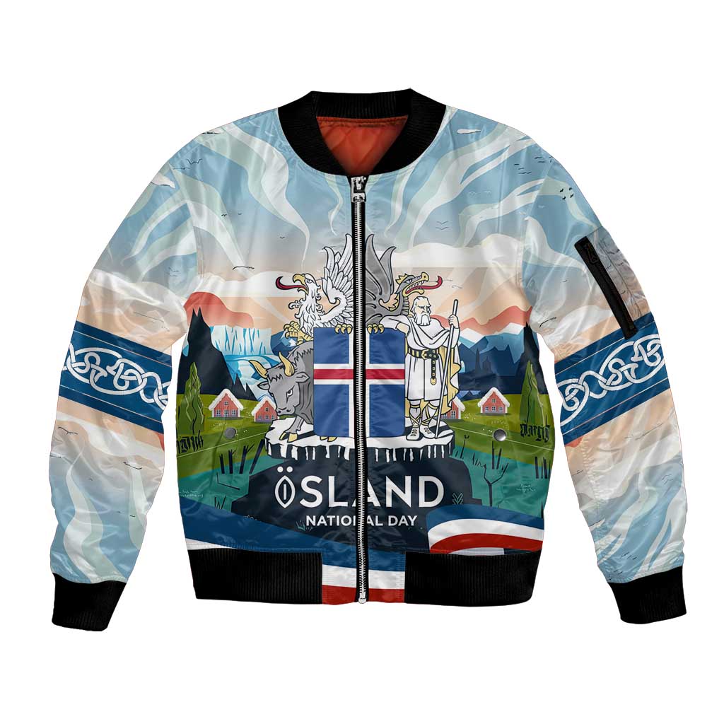 Iceland National Day Sleeve Zip Bomber Jacket with Icelandic Flag Crest and Scenic Landscape Design
