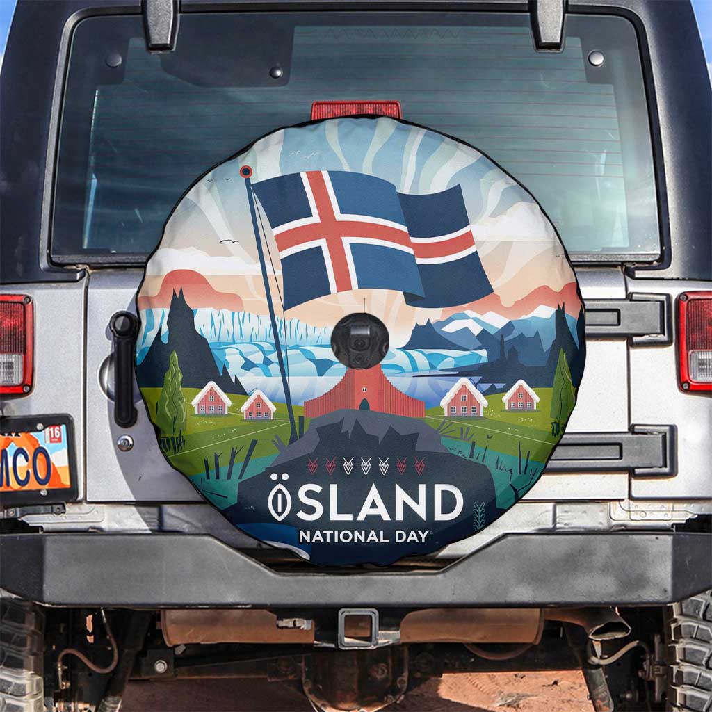 Iceland National Day Spare Tire Cover with Icelandic Flag Crest and Scenic Landscape Design