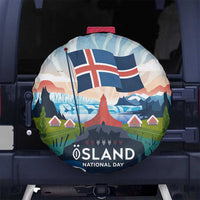 Iceland National Day Spare Tire Cover with Icelandic Flag Crest and Scenic Landscape Design