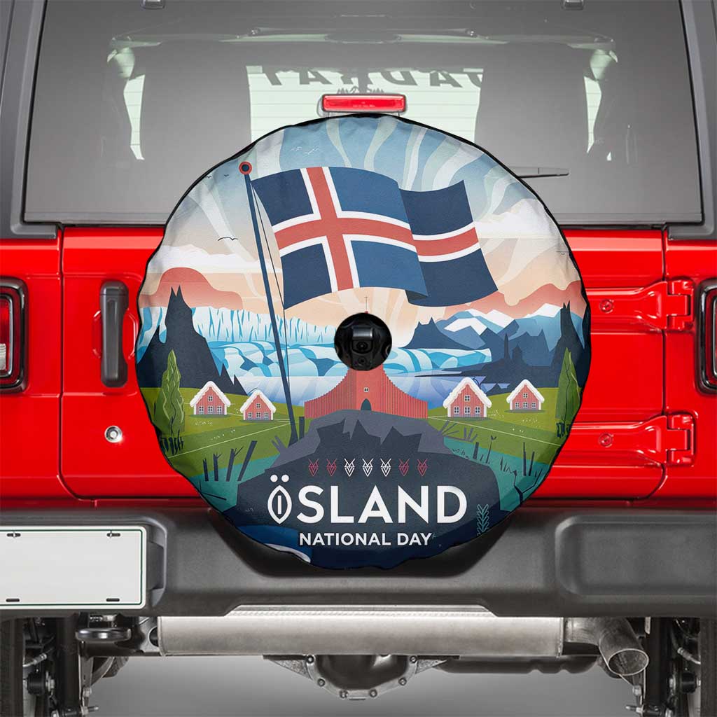 Iceland National Day Spare Tire Cover with Icelandic Flag Crest and Scenic Landscape Design