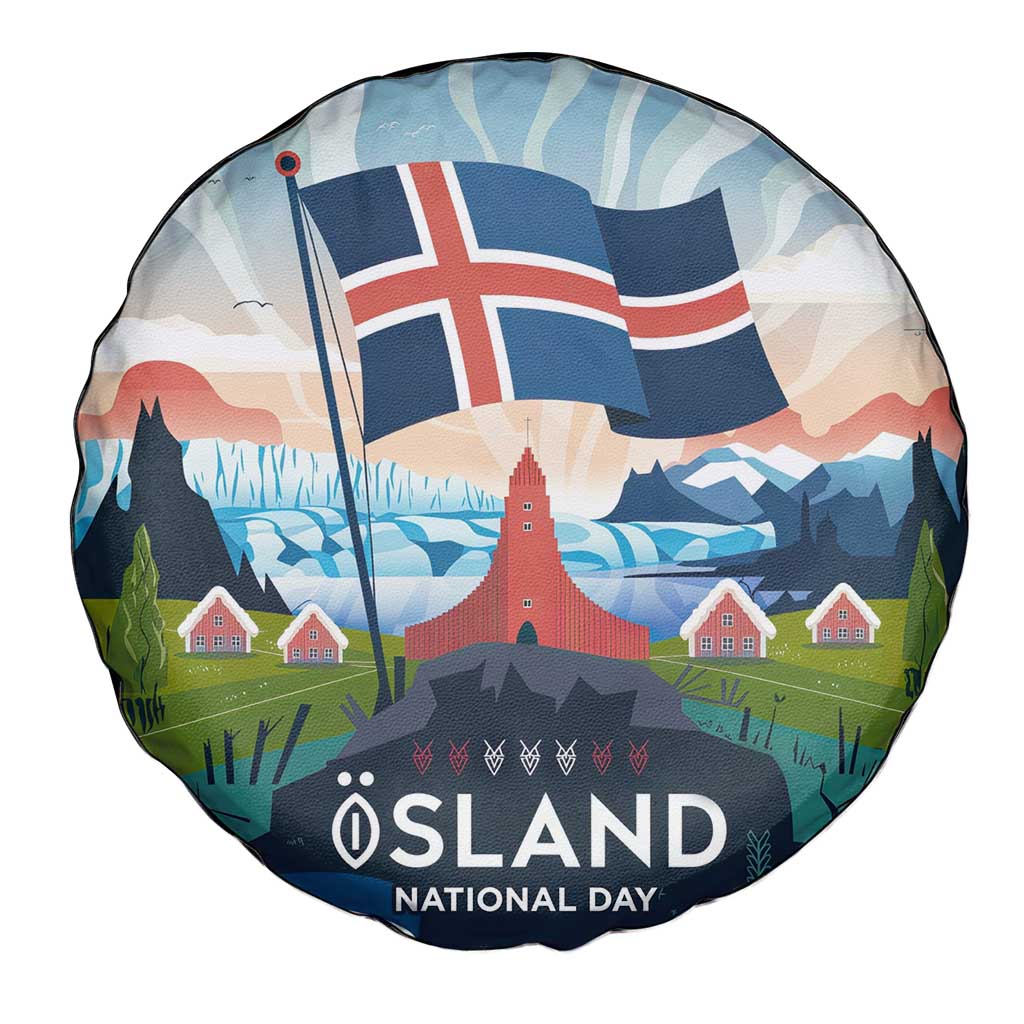 Iceland National Day Spare Tire Cover with Icelandic Flag Crest and Scenic Landscape Design