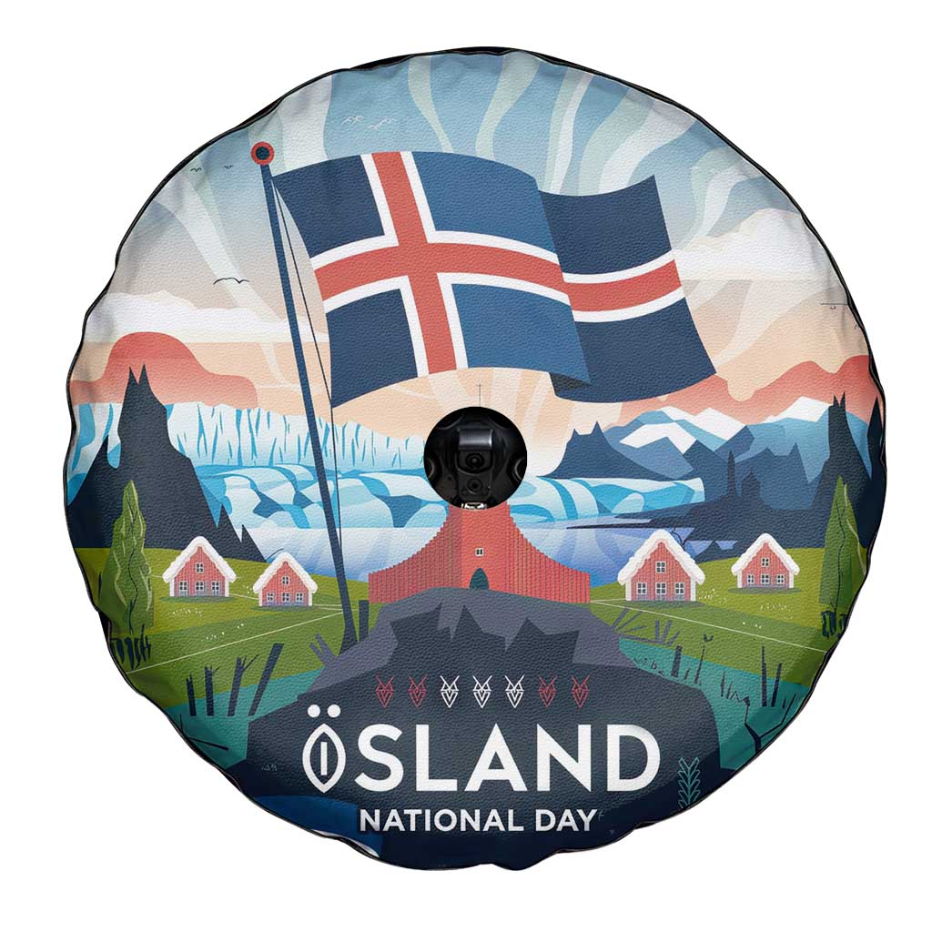 Iceland National Day Spare Tire Cover with Icelandic Flag Crest and Scenic Landscape Design