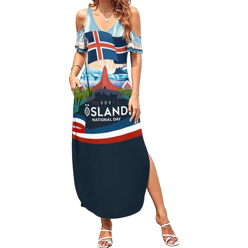 Iceland National Day Summer Maxi Dress with Icelandic Flag Crest and Scenic Landscape Design