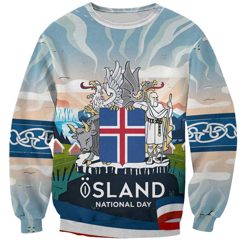 Iceland National Day Sweatshirt with Icelandic Flag Crest and Scenic Landscape Design