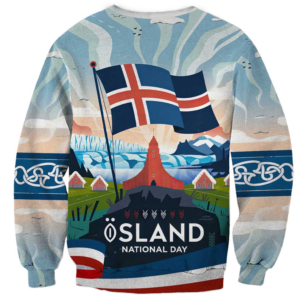 Iceland National Day Sweatshirt with Icelandic Flag Crest and Scenic Landscape Design