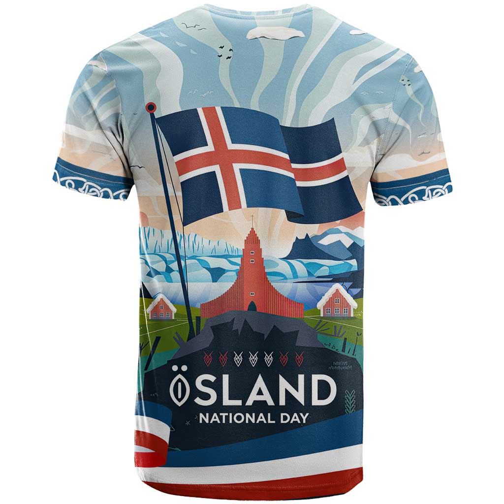 Iceland National Day T Shirt with Icelandic Flag Crest and Scenic Landscape Design
