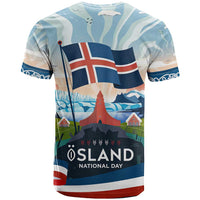 Iceland National Day T Shirt with Icelandic Flag Crest and Scenic Landscape Design