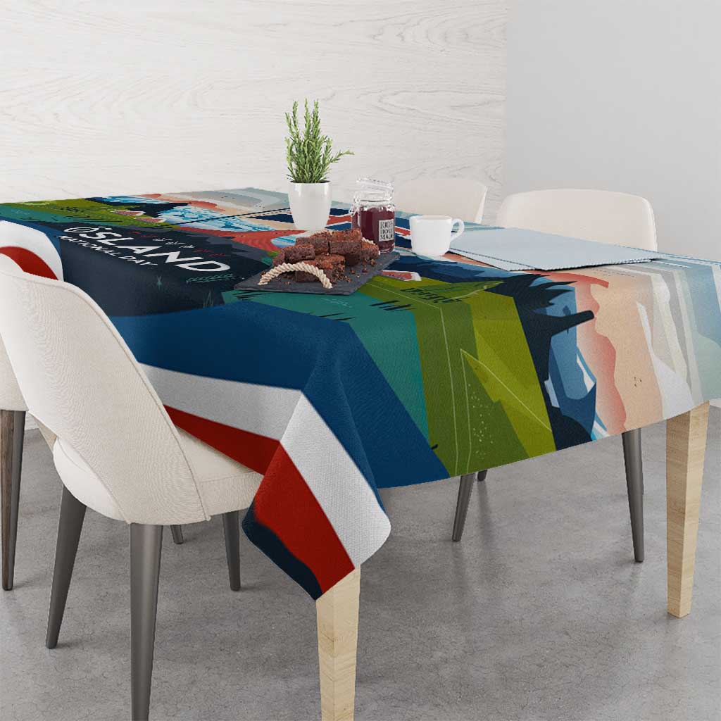 Iceland National Day Tablecloth with Icelandic Flag Crest and Scenic Landscape Design