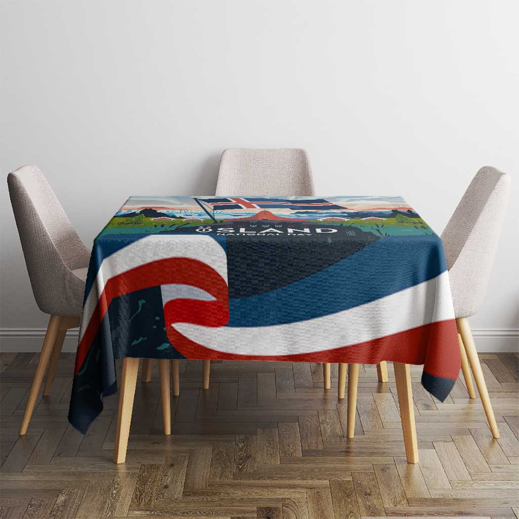 Iceland National Day Tablecloth with Icelandic Flag Crest and Scenic Landscape Design
