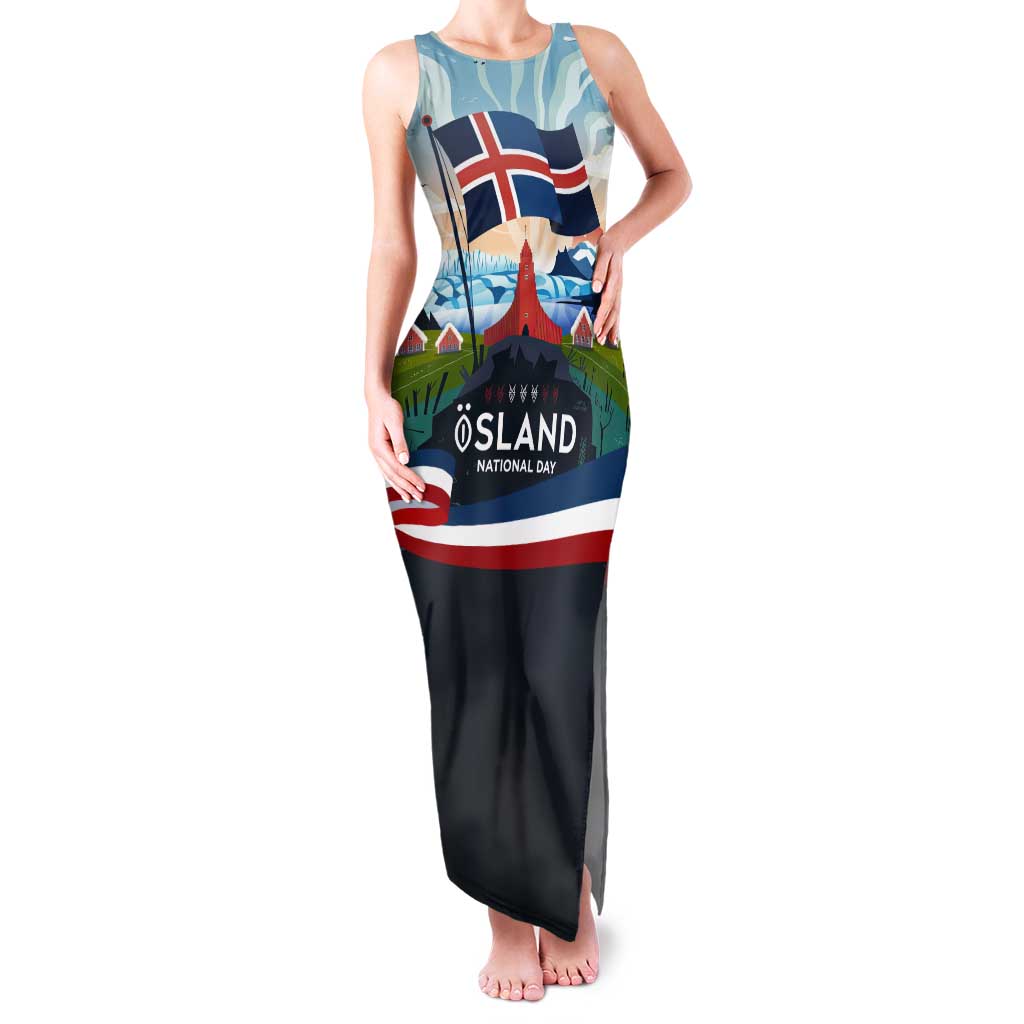 Iceland National Day Tank Maxi Dress with Icelandic Flag Crest and Scenic Landscape Design