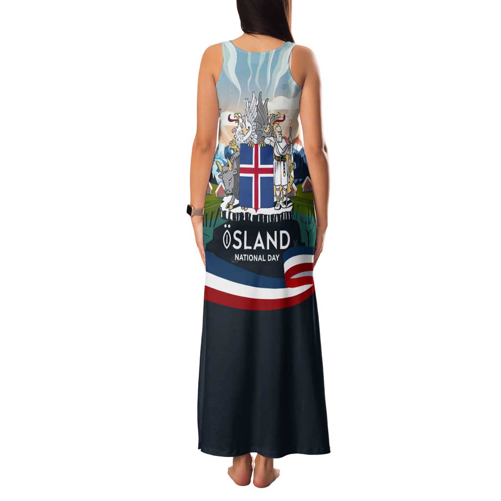 Iceland National Day Tank Maxi Dress with Icelandic Flag Crest and Scenic Landscape Design