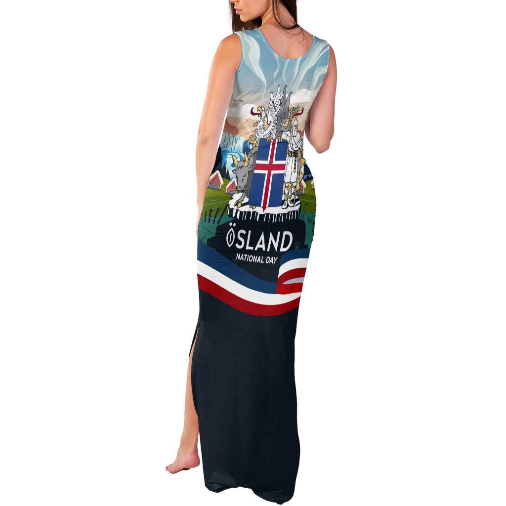 Iceland National Day Tank Maxi Dress with Icelandic Flag Crest and Scenic Landscape Design