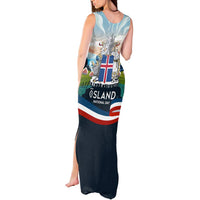 Iceland National Day Tank Maxi Dress with Icelandic Flag Crest and Scenic Landscape Design