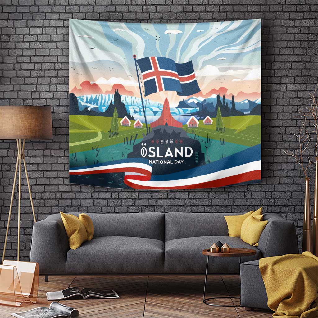 Iceland National Day Tapestry with Icelandic Flag Crest and Scenic Landscape Design