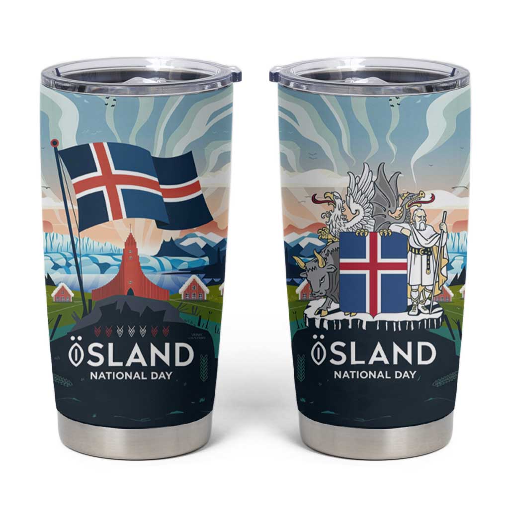 Iceland National Day Tumbler Cup with Icelandic Flag Crest and Scenic Landscape Design