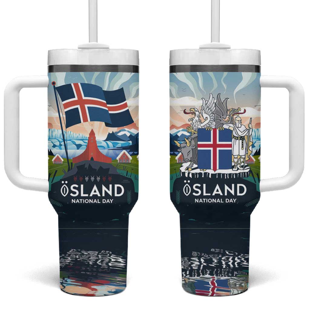 Iceland National Day Tumbler With Handle with Icelandic Flag Crest and Scenic Landscape Design