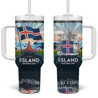 Iceland National Day Tumbler With Handle with Icelandic Flag Crest and Scenic Landscape Design