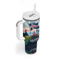 Iceland National Day Tumbler With Handle with Icelandic Flag Crest and Scenic Landscape Design