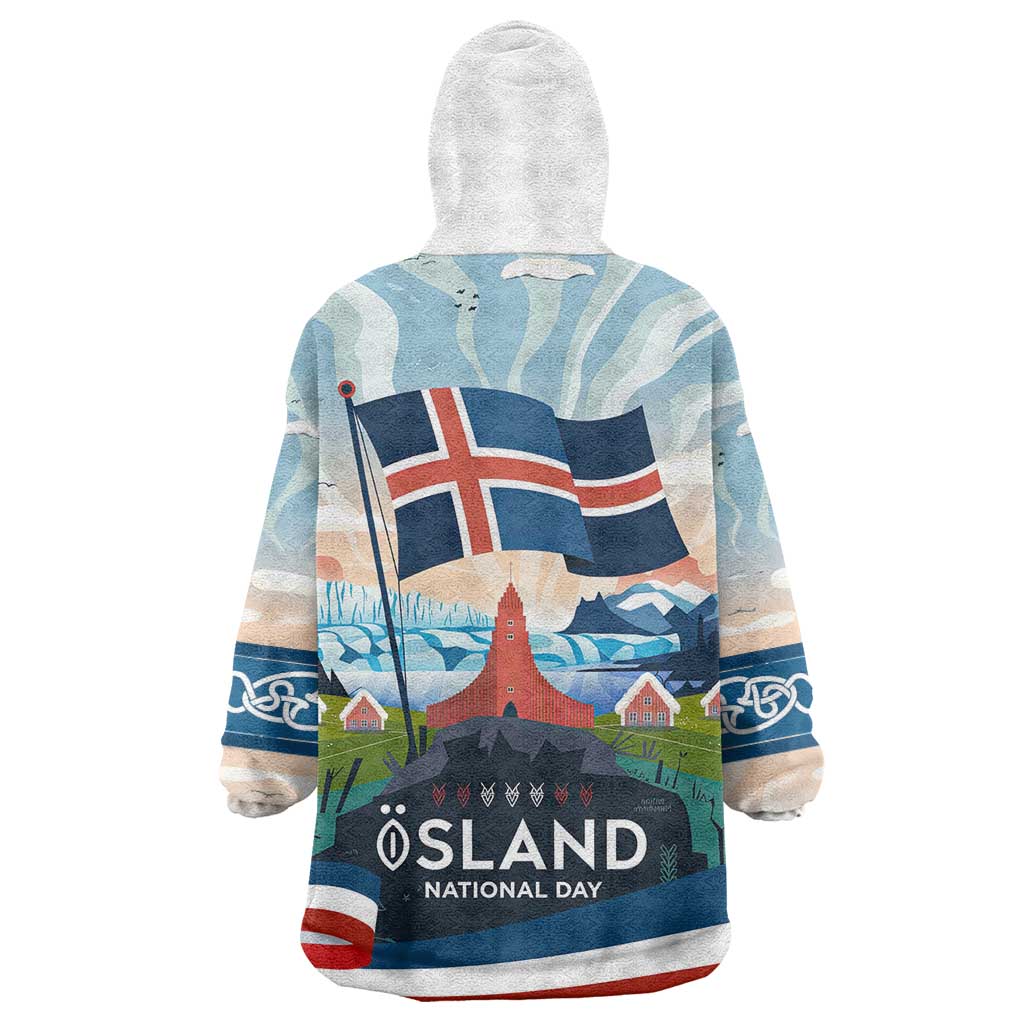 Iceland National Day Wearable Blanket Hoodie with Icelandic Flag Crest and Scenic Landscape Design