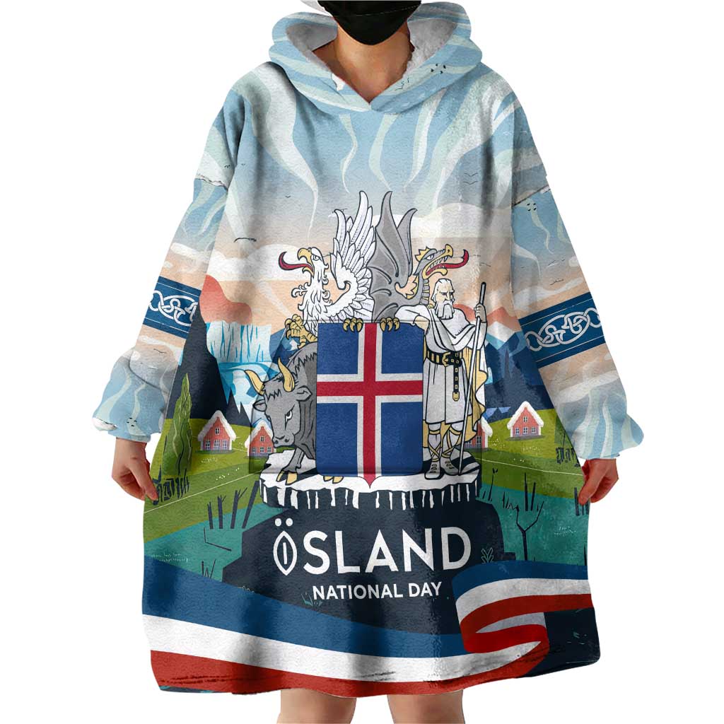 Iceland National Day Wearable Blanket Hoodie with Icelandic Flag Crest and Scenic Landscape Design