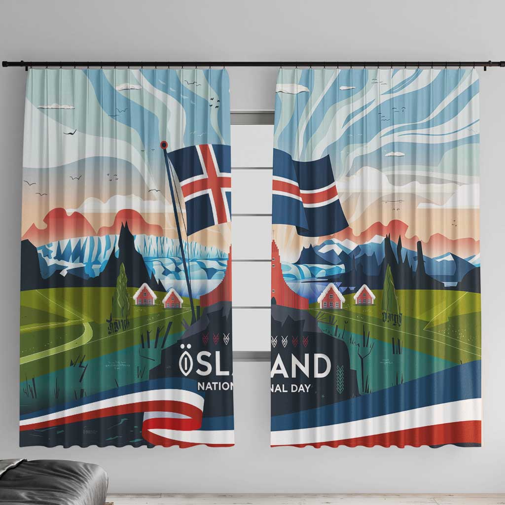 Iceland National Day Window Curtain with Icelandic Flag Crest and Scenic Landscape Design