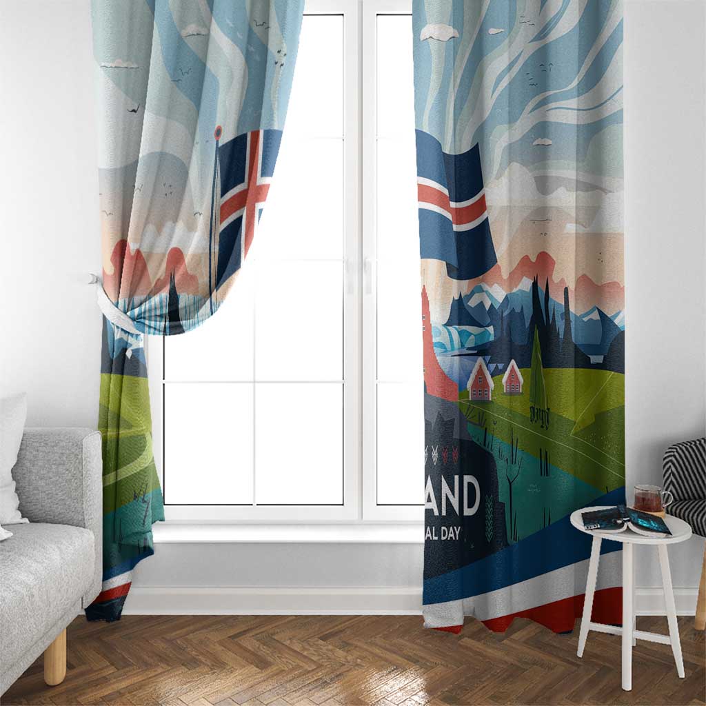 Iceland National Day Window Curtain with Icelandic Flag Crest and Scenic Landscape Design
