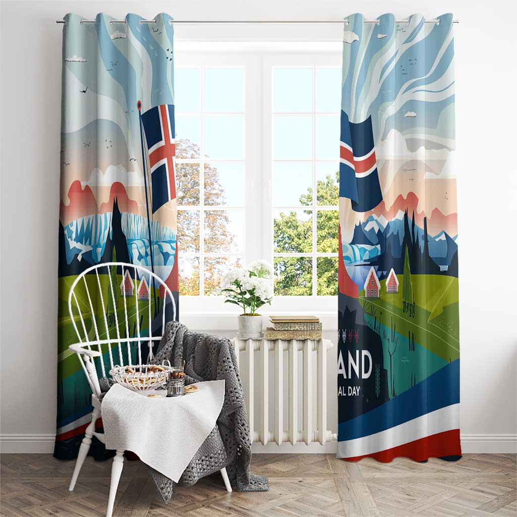 Iceland National Day Window Curtain with Icelandic Flag Crest and Scenic Landscape Design