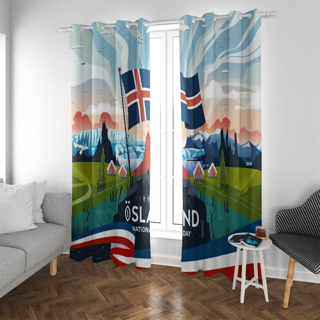 Iceland National Day Window Curtain with Icelandic Flag Crest and Scenic Landscape Design