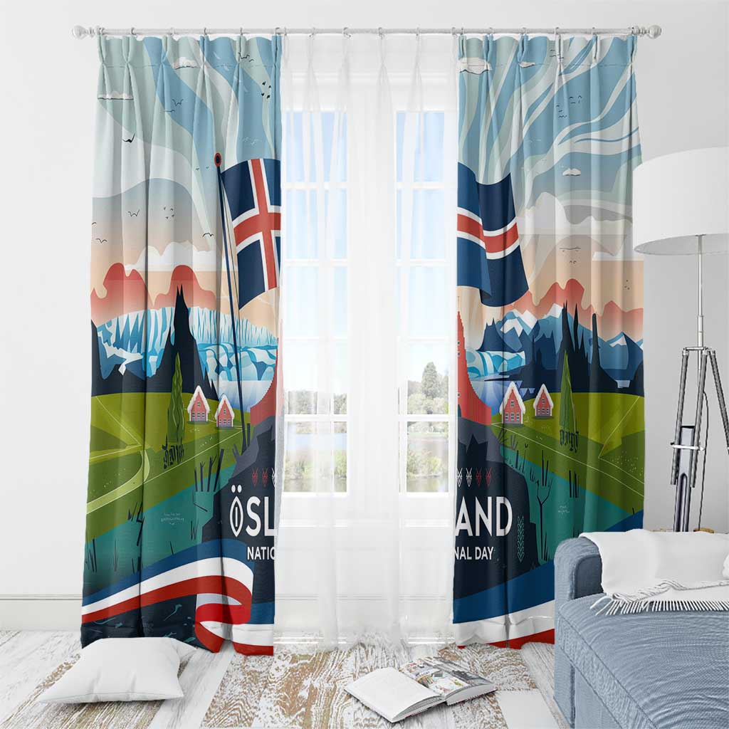 Iceland National Day Window Curtain with Icelandic Flag Crest and Scenic Landscape Design