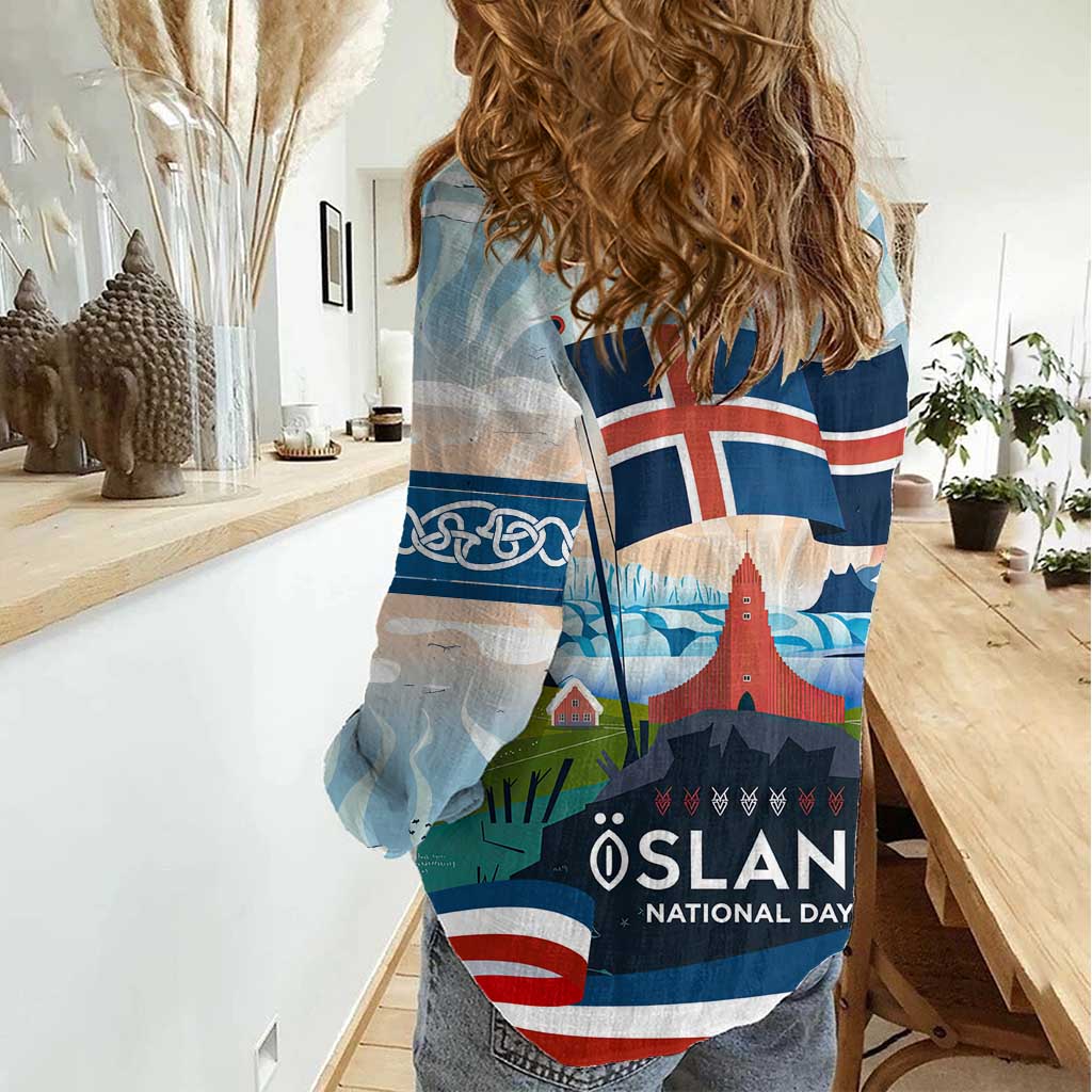 Iceland National Day Women Casual Shirt with Icelandic Flag Crest and Scenic Landscape Design