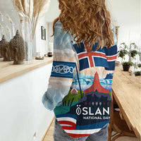 Iceland National Day Women Casual Shirt with Icelandic Flag Crest and Scenic Landscape Design