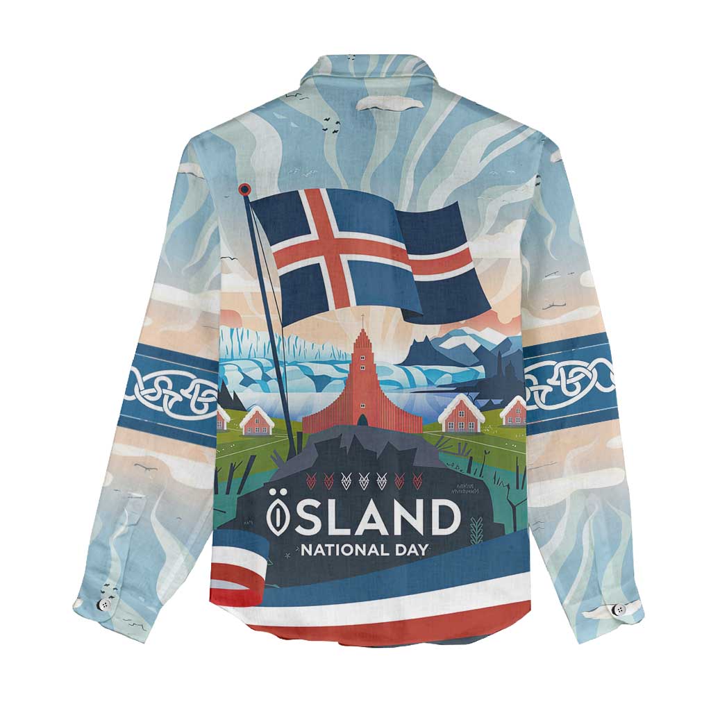 Iceland National Day Women Casual Shirt with Icelandic Flag Crest and Scenic Landscape Design