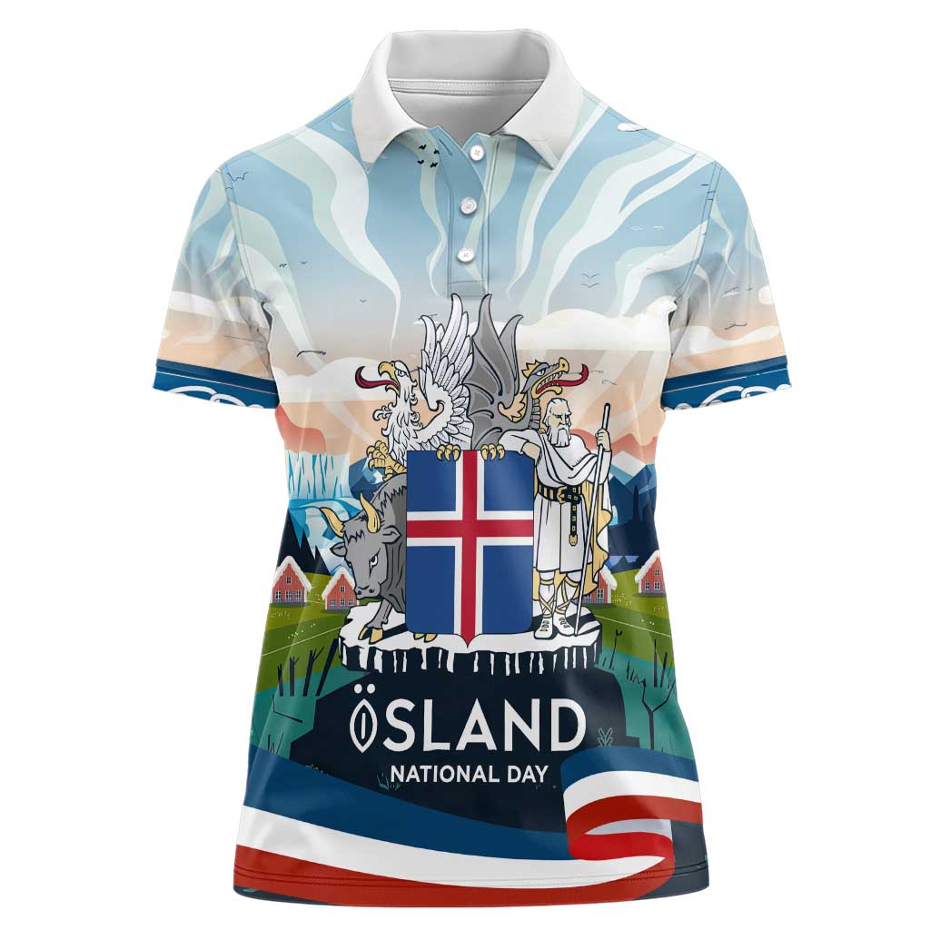 Iceland National Day Women Polo Shirt with Icelandic Flag Crest and Scenic Landscape Design