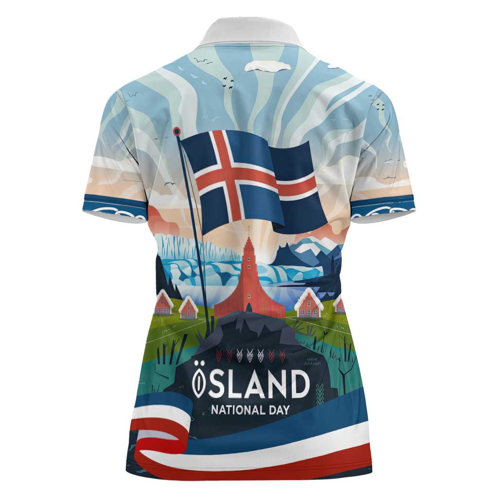 Iceland National Day Women Polo Shirt with Icelandic Flag Crest and Scenic Landscape Design