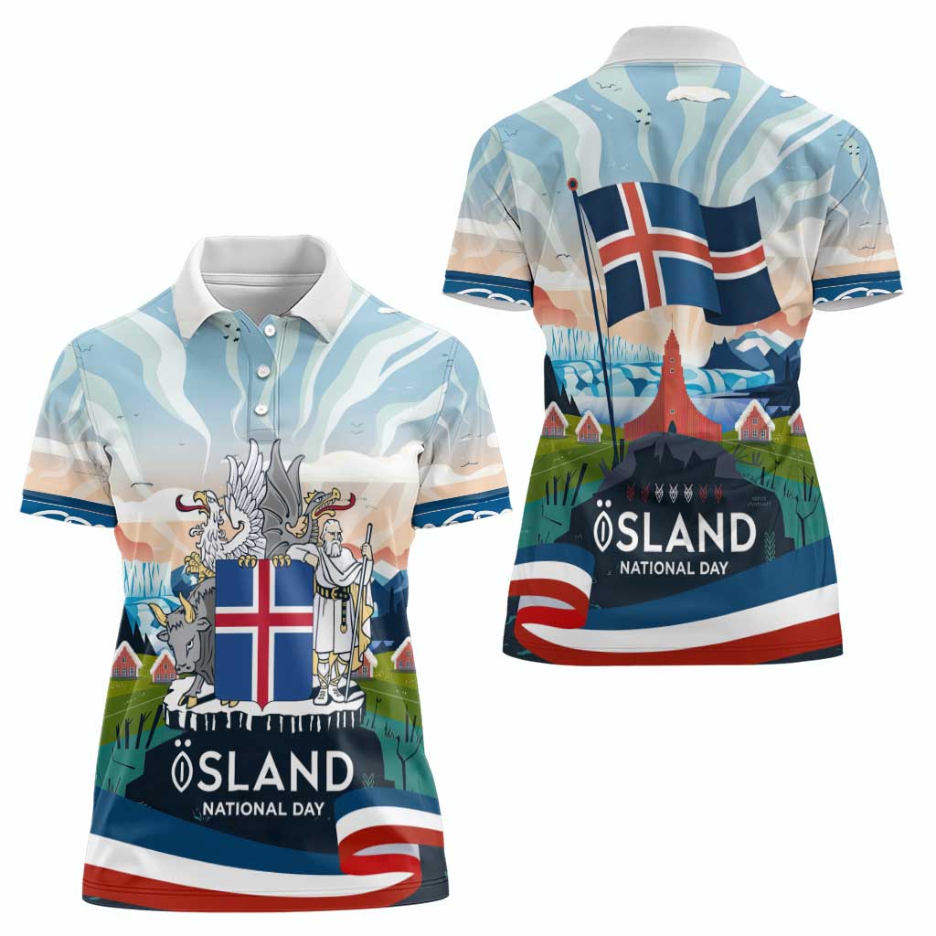 Iceland National Day Women Polo Shirt with Icelandic Flag Crest and Scenic Landscape Design