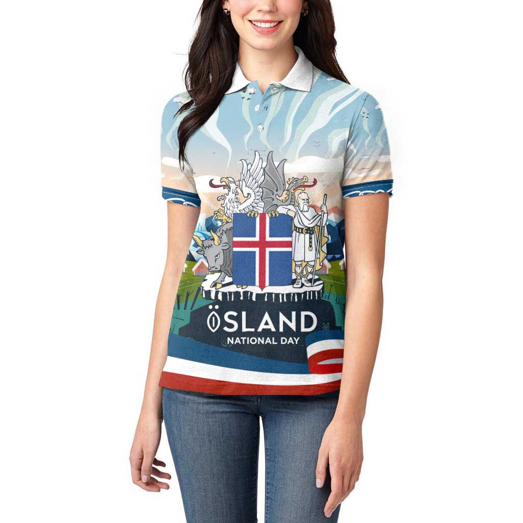 Iceland National Day Women Polo Shirt with Icelandic Flag Crest and Scenic Landscape Design
