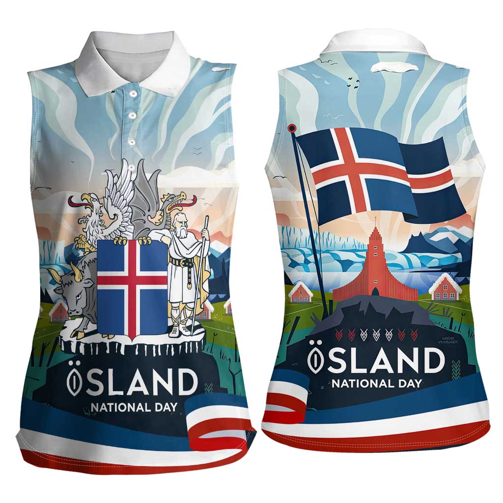 Iceland National Day Women Sleeveless Polo Shirt with Icelandic Flag Crest and Scenic Landscape Design