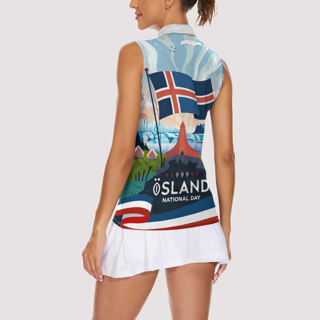 Iceland National Day Women Sleeveless Polo Shirt with Icelandic Flag Crest and Scenic Landscape Design