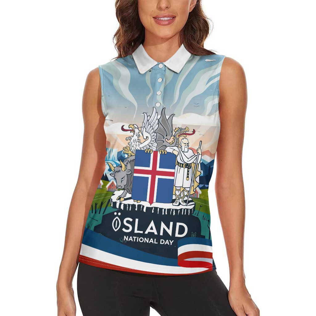 Iceland National Day Women Sleeveless Polo Shirt with Icelandic Flag Crest and Scenic Landscape Design