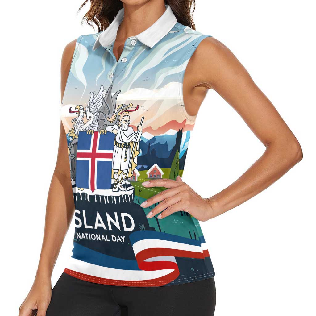 Iceland National Day Women Sleeveless Polo Shirt with Icelandic Flag Crest and Scenic Landscape Design