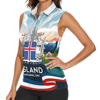 Iceland National Day Women Sleeveless Polo Shirt with Icelandic Flag Crest and Scenic Landscape Design