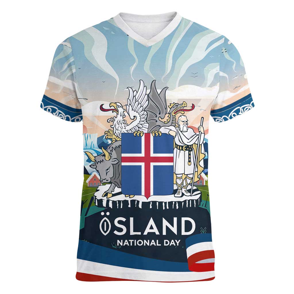 Iceland National Day Women V-Neck T-Shirt with Icelandic Flag Crest and Scenic Landscape Design