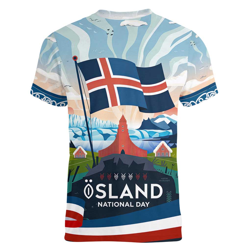 Iceland National Day Women V-Neck T-Shirt with Icelandic Flag Crest and Scenic Landscape Design