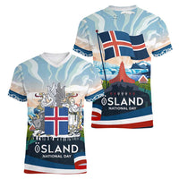 Iceland National Day Women V-Neck T-Shirt with Icelandic Flag Crest and Scenic Landscape Design